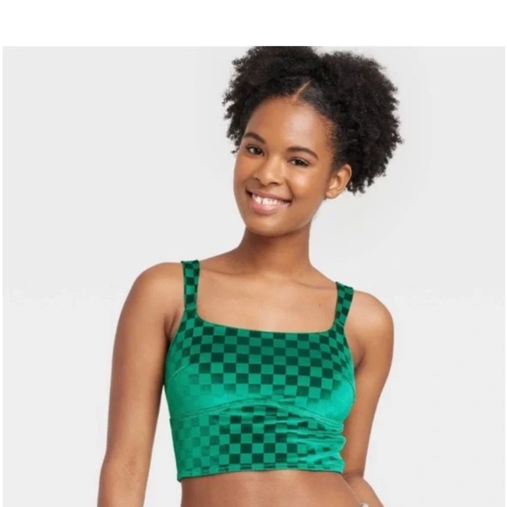 Colsie Green Checkered Print Velvet Women's Top Size M